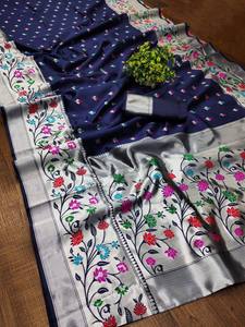 Sari de seda azul real con bordado floral y borde plateado, traje tradicional indio para bodas, para mujeres - Product Image 5