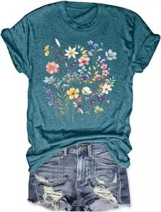 T-shirt imprimé tendance pour femmes, t-shirt graphique décontracté, tissu en coton, toucher doux, haut élégant pour l'été, vêtement léger et à la mode - Product Image 2
