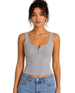 Top corto sin mangas de algodón acanalado gris para mujer, con botones frontales, ajuste ceñido, estilo casual de verano, suave y elástico, top básico de moda. - Product Image 1