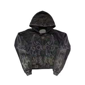 Sudadera con capucha y cremallera para hombre, con estampado de estrella tribal y pedrería, lavado ácido, gris vintage 2026, oversize, estilo streetwear Y2K, con gráfico de cruz de cristal azul - Product Image 1