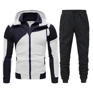 Premium <b>Men's</b> <b>White</b> Dark Navy Hooded Tracksuit Full Zip <b>Jacket</b> Sweatpants Set OEM ODM Wholesale Manufacturer in Pakistan - Product Image 1