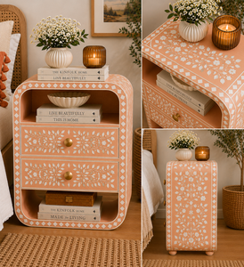 Bohemian Style Resin Bone Inlay Nightstand With Drawers & Shelf Cabinet <b>Bedside</b> End <b>Table</b> For Bedroom Hotel Luxe Accent Cabinet - Product Image 5