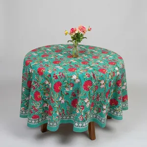 Hand Block Print Sheeting <b>Fabric</b> Table Wear 8 Seater <b>Tablecloth</b> With Border All Round Hand Block Print Round <b>Tablecloth</b> - Product Image 6
