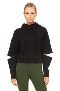 Sudadera con capucha negra para mujer con mangas recortadas, estilo holgado, productos/proveedores de Pakistán, sudaderas con capucha personalizadas de manga larga - Product Image 5