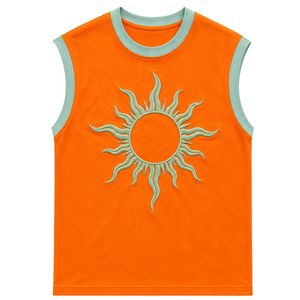 Camiseta sin mangas naranja con diseño de sol bordado en verde menta, chaleco informal de algodón para mujer, cuello redondo, tops de moda personalizados para verano - Product Image 1