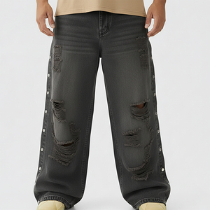 Pantalon en jean déchiré et délavé avec panneaux latéraux boutonnés, style hip-hop, personnalisable OEM/ODM, logo brodé vieilli, streetwear - Product Image 4