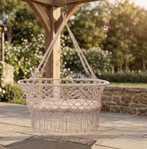 Handwoven Cotton Hammock Chair, Durable Heavy Duty Patio Swing Seat for Indoor or Outdoor Use, Cozy Boho <b>Macrame</b> Hanging, Beige - Product Image 1