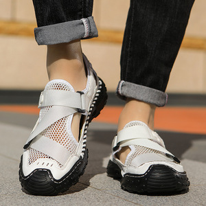 New Summer Men's Open Toe Beach Outdoor Slip-On Slippers Hand Stitched Hollow Breathable Mesh Casual <b>Shoes</b> - Product Image 4