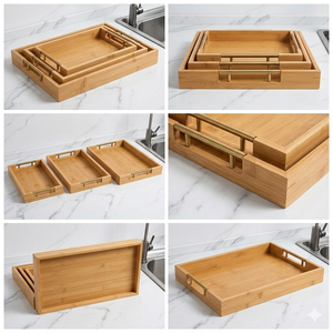 Ensemble de plateaux de service en bois faits à la main avec poignées, design moderne, lot de 3, multifonctionnels, faciles à nettoyer, empilables, pour la cuisine et le salon - Product Image 3