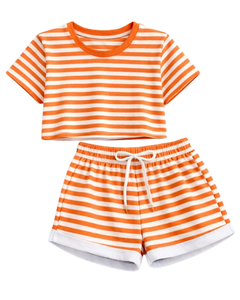 Ensemble décontracté d'été deux pièces pour femme : crop top rayé orange et short, taille élastique, tenue de détente, streetwear, OEM - Product Image 1