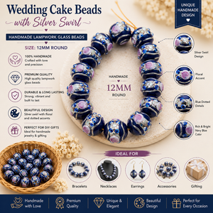 Cuentas de vidrio de lujo hechas a mano de 12 mm para tartas de boda, cuentas redondas de lampwork azul marino con remolino plateado para pendientes, collares y pulseras - Product Image 4