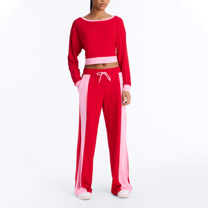 Ensemble de survêtement pour femmes rouge et rose, haut court à manches longues, pantalon large, vêtements de sport décontractés, ensemble de jogging, tenue de sport pour la salle de sport - Product Image 1