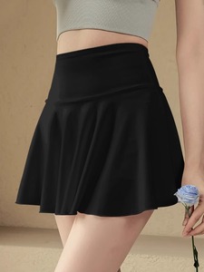 Falda Deportiva Negra de Cintura Alta, Falda Corta de Punto Elástica de Color Sólido para Mujer, para Usar en Todas las Estaciones - Product Image 1