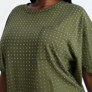 Camiseta de Manga Corta con Cuello Redondo y Bolsillo de Algodón 100% con Estampado de Puntos, Talla Grande para Mujer, Venta al por Mayor de Fábrica - Product Image 4