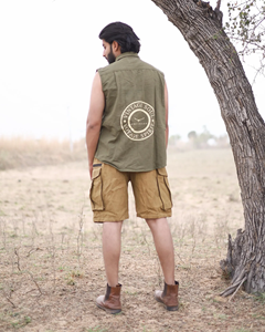 Men's Olive Green Sleeveless Cargo Shirt Handcrafted Cotton <b>Utility</b> <b>Vest</b> Top Classic Militant Style Cotton Shirt Festival Top - Product Image 5