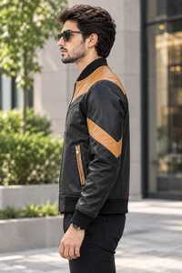Chaqueta Bomber de Cuero PU para Hombre, Color Negro y Marrón, Estilo Motero, Cierre de Cremallera, Cuello Camisero, Corte Regular - Product Image 4