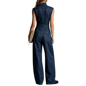Combinaison en jean personnalisée à col à revers cranté, sans manches, bleu marine, avec patte de boutonnage, en coton durable, coupe droite - Product Image 2