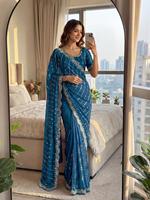 Indischer Traditioneller Ethnischer Party-Sari mit Pailletten-Stickerei für Hochzeiten und Festliche Anlässe als Damen-Outfit