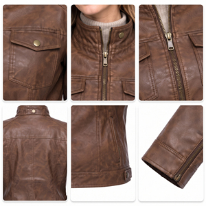 Women's Cowhide Leather Moto <b>Jacket</b> Stand Collar Zipper Closure Casual Wear PU Leather <b>Jacket</b> Women Winter Fashion <b>Jackets</b> - Product Image 6