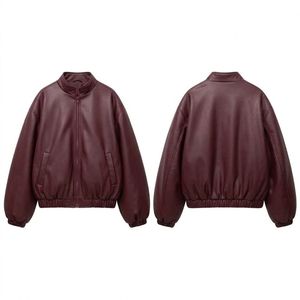 <b>Burgundy</b> Supple Sheepskin Warm <b>Leather</b> <b>Jacket</b> High Standup Collar Ribbed Hem Warm Interior Elastic Cuffed Sleeves Women Coats - Product Image 3