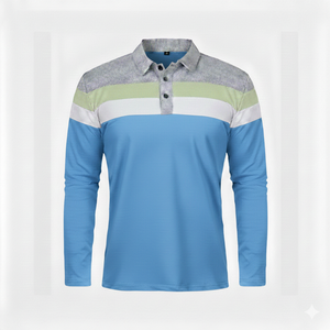 Polo de Hombre Verde, Blanco y Gris con Bloques de Color, Manga Larga, Rayas, Tejido de Punto, Corte Regular, Cuello con Botones, para Primavera y Otoño - Product Image 5