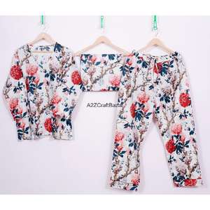 Ensemble de pyjama pour femmes à manches trois-quarts, col en V, imprimé floral romantique, luxueux, fait main, taille élastique, 100% coton, doux, hiver - Product Image 1