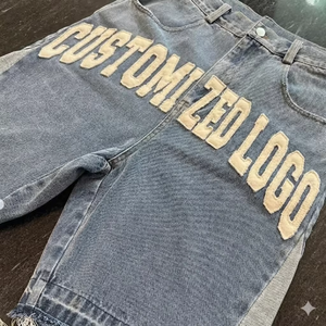 Wholesale Custom Embroidered <b>Patches</b> Raw Hem Cut Edge Distressed Streetwear Cargo Denim <b>Shorts</b> for - Product Image 2
