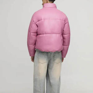 High Quality Men's Pink PU Puffer Jacket Stand Collar Zipper Closure Windproof <b>Thick</b> Polyester Filling Casual <b>Winter</b> <b>Coat</b> Loose - Product Image 5