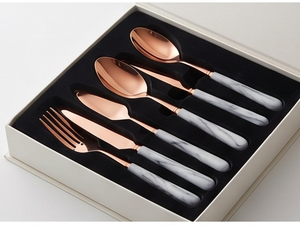 Ensemble de couverts en or rose avec poignées en marbre, design moderne, passe au lave-vaisselle, pour la vaisselle de mariage - Product Image 6