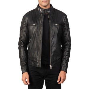 Black Men's Biker Jacket Cow Skin Aniline <b>Quilted</b> Nylon Lining <b>Single</b> Button Closure Winter Season PU Pockets Breathable - Product Image 5