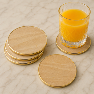 Ensemble de sous-verres élégants en travertin pour table à manger, sous-verres ronds en pierre naturelle avec bord doré, décoration artisanale pour la maison, cadeau pour la maison - Product Image 1