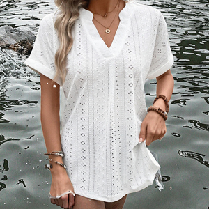 Camiseta de Poliéster para Mujer, Corte Ajustado, para Todas las Temporadas, Casual, con Encaje Floral, Cuello en V, Tejido Texturizado, Manga Corta, Transpirable y Transparente - Product Image 6