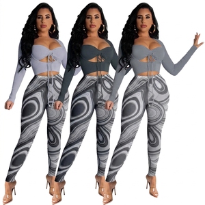 Women's 2 Piece Printed Long Sleeve Lace Up Top With Full Length Pants <b>Set</b> Breathable Skinny Fit Spring Summer Fashion - Product Image 2