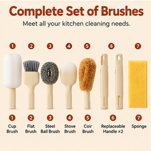 Ensemble de brosses de nettoyage multifonctionnelles pour cuisine avec support de rangement, brosses à vaisselle, éponges et tampons à récurer pour évier, casseroles, poêles et tasses - Product Image 2