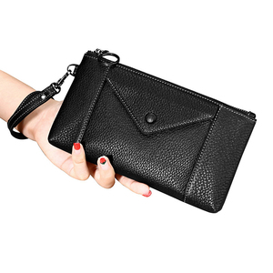 Elegant Black Leather <b>Wristlet</b> Clutch With Zipper Closure And Button Detail For Daily Use - Product Image 2