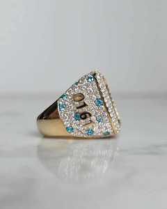 <b>Gold</b> Plated Moissanite <b>Ring</b> Triangle Ice Cube Design Blue and White Stone Accent Mens Jewelry for Party - Product Image 2