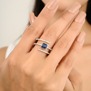 14K Solid <b>Gold</b> East West Blue Sapphire & Diamond Spiral <b>Cocktail</b> <b>Ring</b> Resizable - Product Image 1