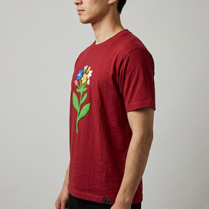 T-shirt à manches courtes pour homme, col rond, jersey de coton, design à appliques florales, coupe décontractée, confortable, respirant, été, tous les jours - Product Image 1