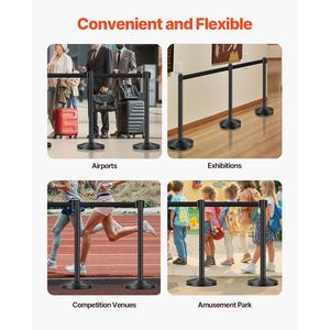 6 Pezzi Pali Delimitatori Neri in Acciaio al Carbonio con Cinghie Retrattili, Base Cava a Iniezione di Sabbia, Prodotti per il Controllo Accessi - Product Image 2