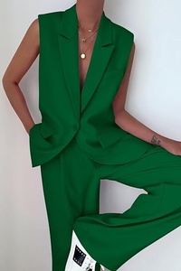Women Sleeveless <b>Blazer</b> <b>Set</b> Solid Green Woven Fabric Notched Collar Two Piece Suit Formal All Seasons Regular Fit - Product Image 3