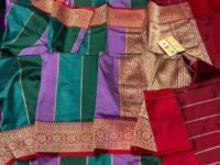 Saree Katan Sutra Murni Banarasi Tenun Tangan Rangkaat Mewah Tradisional India untuk Pesta Pernikahan Pengantin, Pewarnaan Kuas Multi Warna, Cepat
