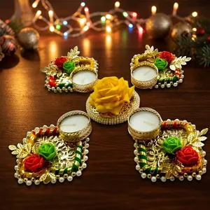 Handmade Floral <b>Tealight</b> Candle <b>Holder</b> Set with Roses Pearls and Gold Decor for Diwali Wedding Pooja and Home Decoration Art - Product Image 4