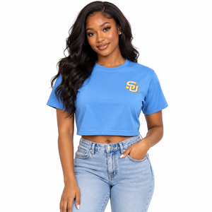 Camiseta Corta Personalizada de la Universidad del Sur (SU) con Logotipo Bordado en Azul Columbia, para Mujer, de Algodón, Venta al Por Mayor - Product Image 3