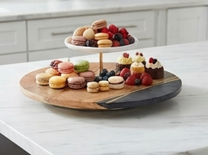 Plateau tournant rond élégant en bois avec incrustation de pierre noire, fait main, style rustique, pour la décoration de table de cuisine - Product Image 3
