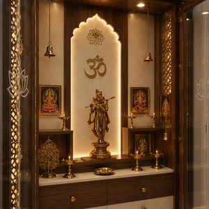 Mandir de Luxe en Bois et Verre Fait Main pour Salon, Temple Traditionnel de Designer pour Diwali avec Éclairage LED et Rangement - Product Image 3