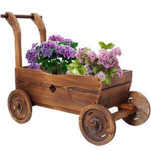 Wooden Wagon Mobile Garden <b>Planter</b> <b>Box</b> with 4 Wheels Handle Drain Hole Decorative Indoor Flower Pot - Product Image 2