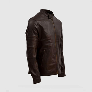 Chaqueta de cuero original de piel de oveja marrón oscuro para hombre, estilo casual de motero con cremallera, chaqueta de cuero de borrego para hombre, venta al por mayor. - Product Image 4