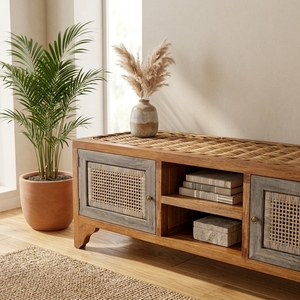 New Modern <b>Minimalist</b> Flores Wooden TV Nightstand Natural Rattan Webbing Console Media Storage Cabinet Living Room Entertainment - Product Image 4