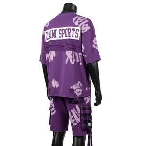 Ensemble t-shirt et short pour homme en jersey de coton premium, doux, respirant, tie-dye violet, panneaux superposés, logo personnalisé - Product Image 5