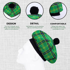 Chapeau écossais Tam o Shanter, bonnet traditionnel en tartan avec pompon, casquette plate en laine acrylique, taille unique - Product Image 3